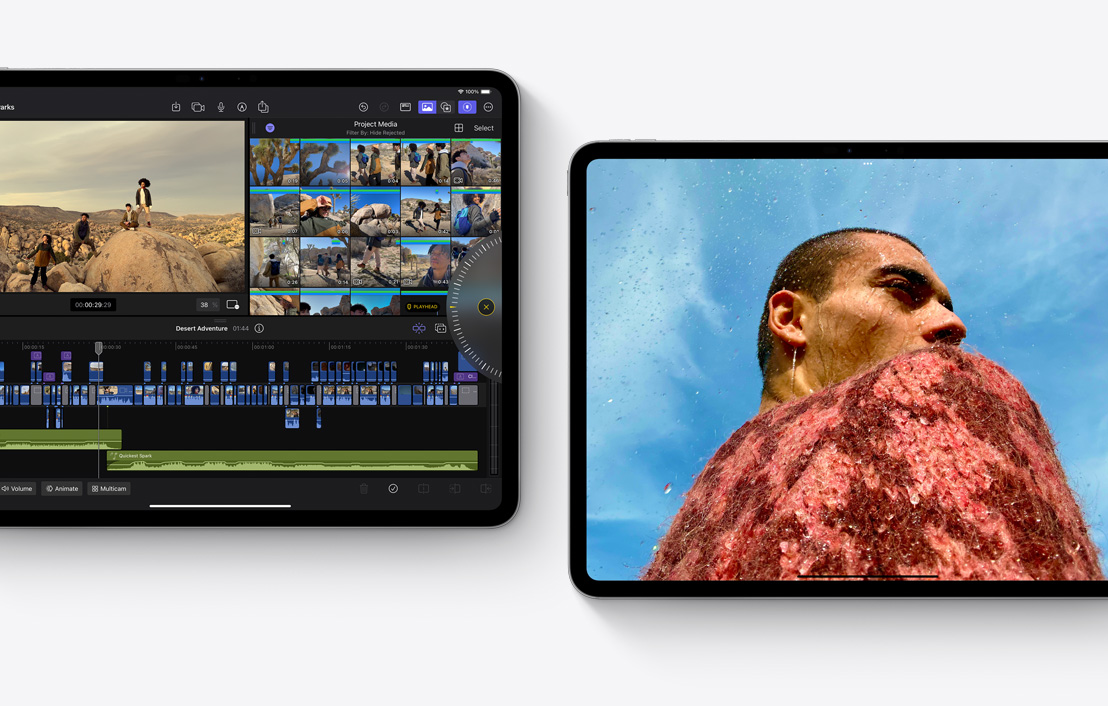 Two iPad Pros showcasing Final Cut Pro 2.0 and Photos apps.