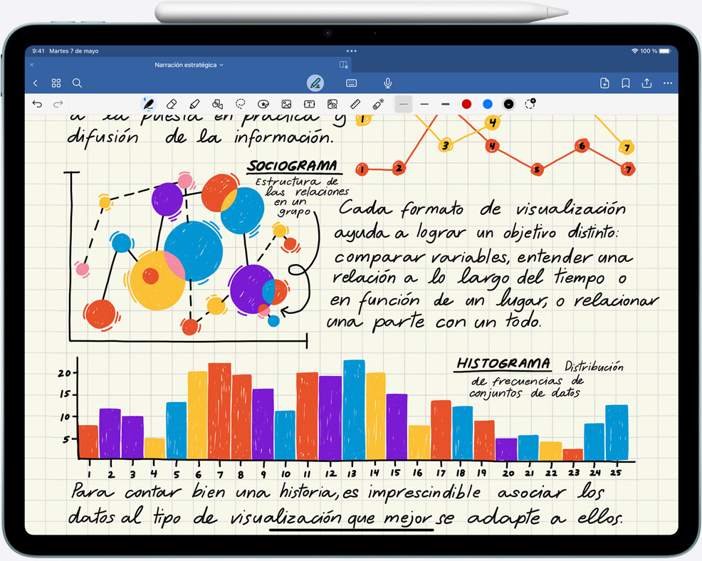 Vista del iPad Air con un Apple Pencil Pro acoplado que muestra gráficas y notas escritas a mano en la pantalla