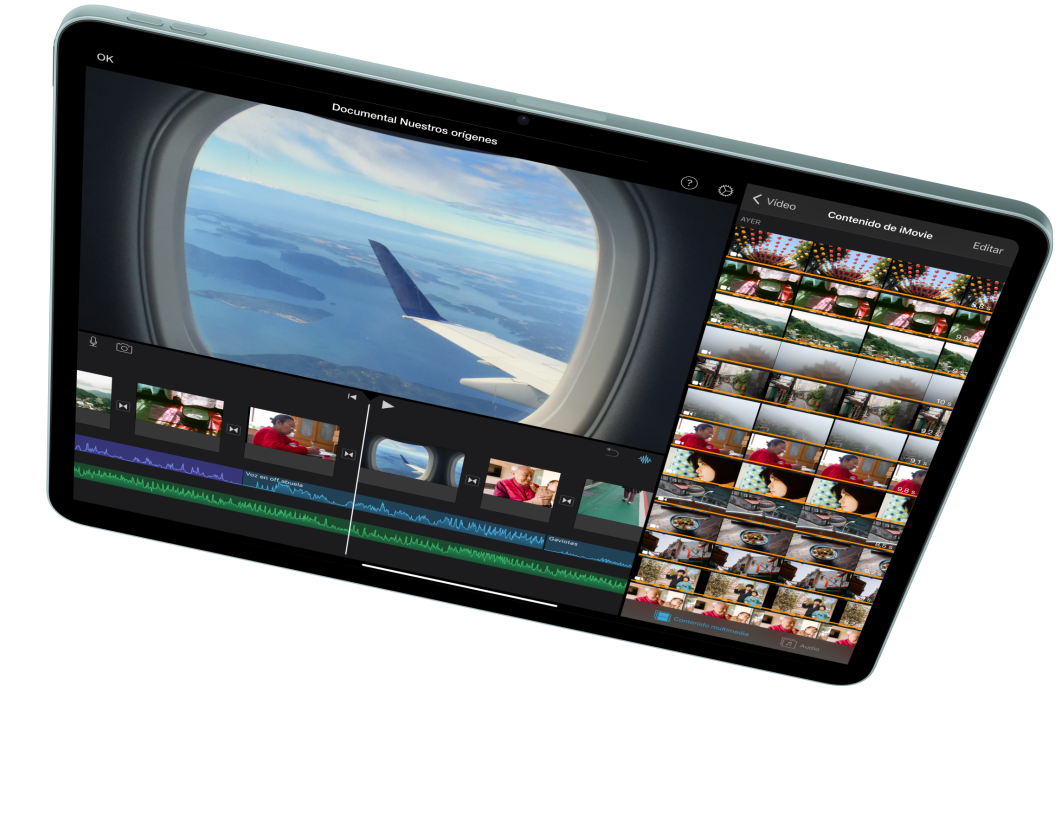 Vista horizontal del iPad Air que muestra la edición de un vídeo en iMovie