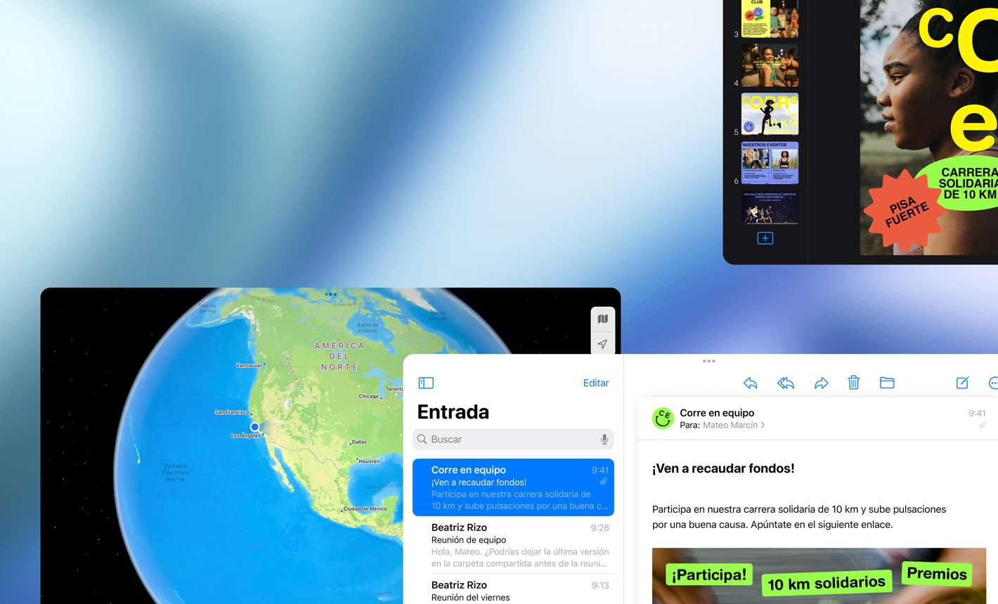 Vista horizontal de varias pantallas que muestran distintas apps en uso