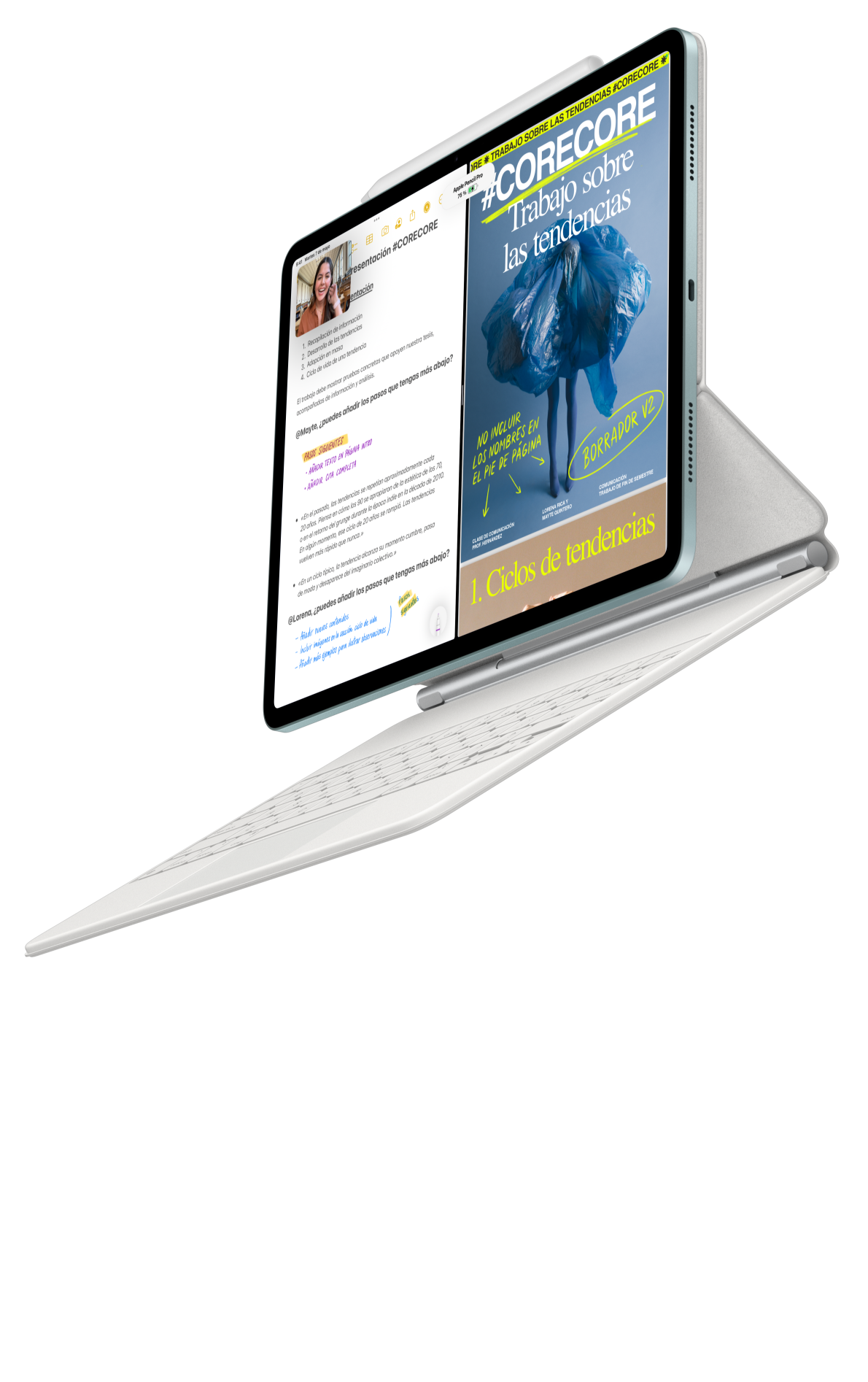 iPad Air colocado en un Magic Keyboard, con un Apple Pencil Pro acoplado en la parte superior