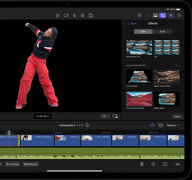 Vista horizontal del iPad Pro que muestra la edición de un vídeo donde aparece una persona bailando