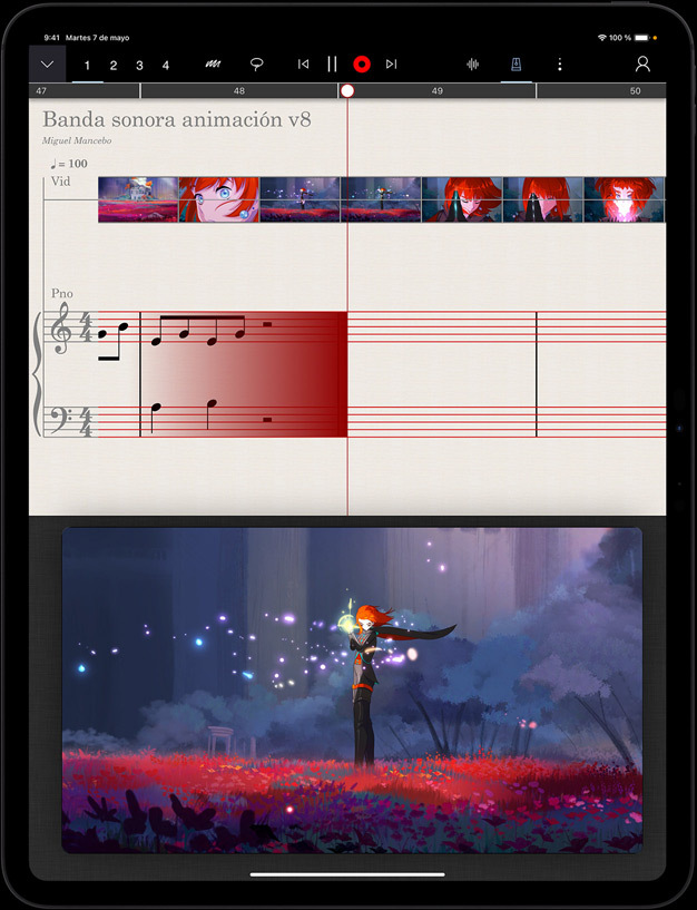 Vista vertical del iPad Pro. En la parte inferior de la pantalla se muestra una animación y en la parte superior aparece la música compuesta para acompañar a esa animación.