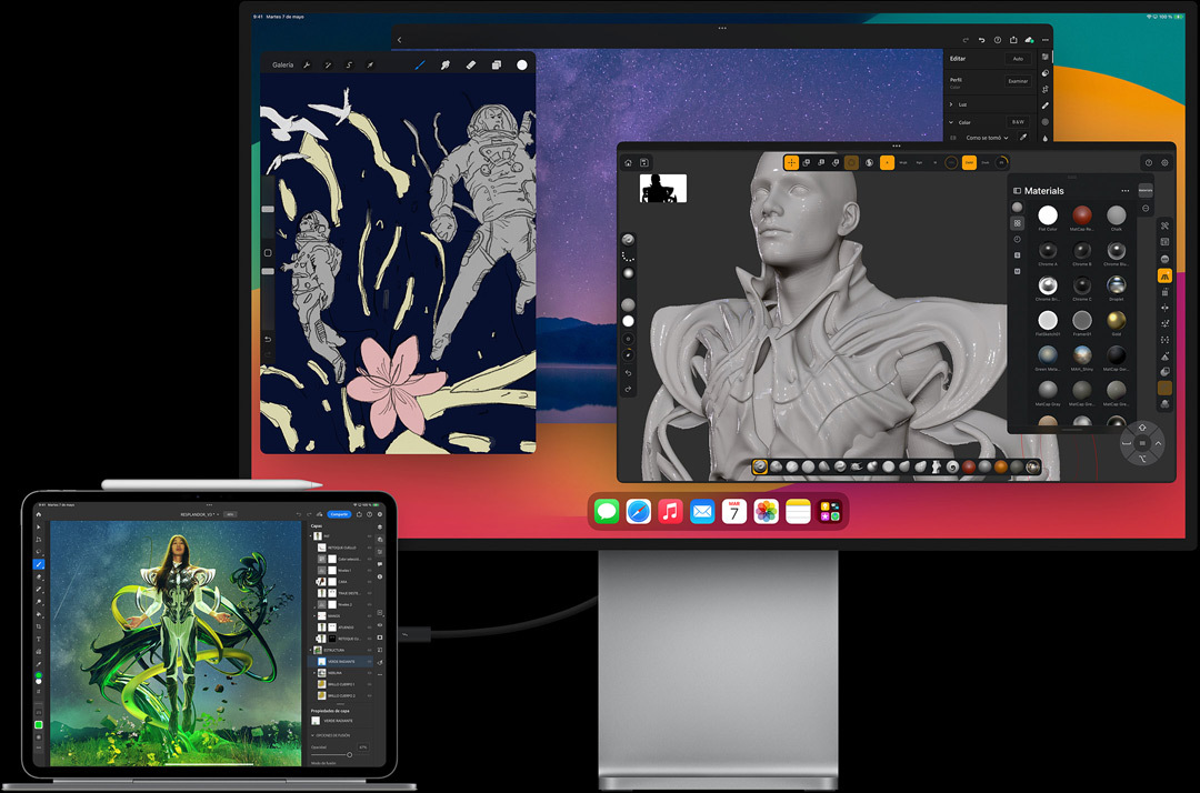 Vista horizontal del iPad Pro acoplado a un Magic Keyboard y conectado a un monitor externo. Se muestra la edición de unas imágenes en ambas pantallas.