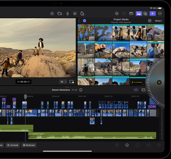 Vista horizontal del iPad Pro que muestra la edición de un vídeo de forma colaborativa