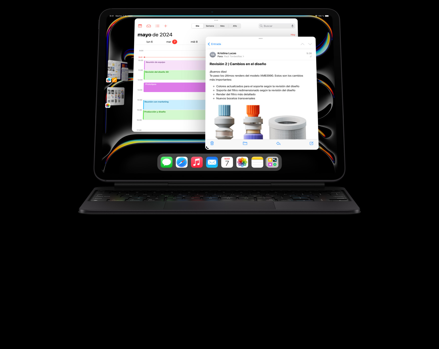 Vista horizontal del iPad Pro acoplado a un Magic Keyboard que muestra la multitarea con varias apps en uso