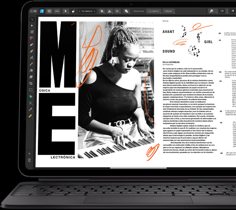 Vista horizontal del iPad Pro acoplado a un Magic Keyboard que muestra la edición de un artículo