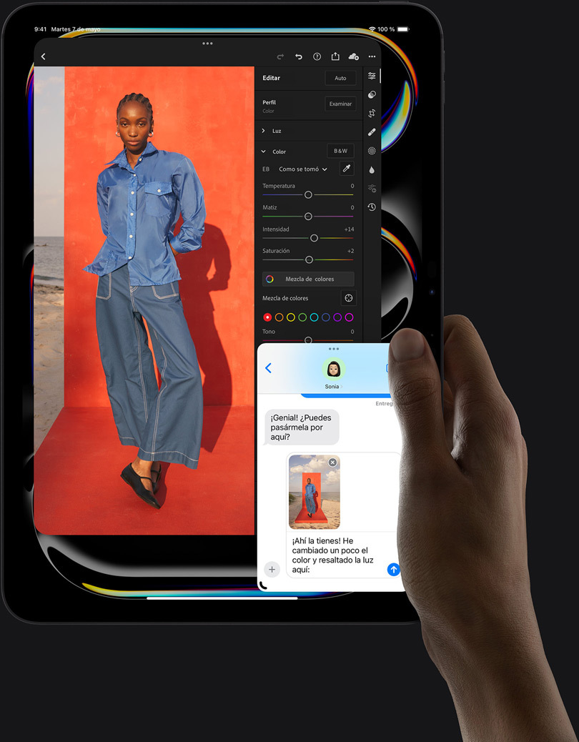 Vista vertical del iPad Pro siendo sostenido. Se muestra la edición de una foto donde aparece una persona y una conversación de iMessage en la parte inferior de la pantalla.