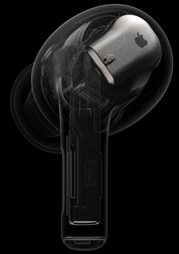 Vista interna transparente dos AirPods Pro destacando o chip H2 na parte de trás do fone de ouvido.