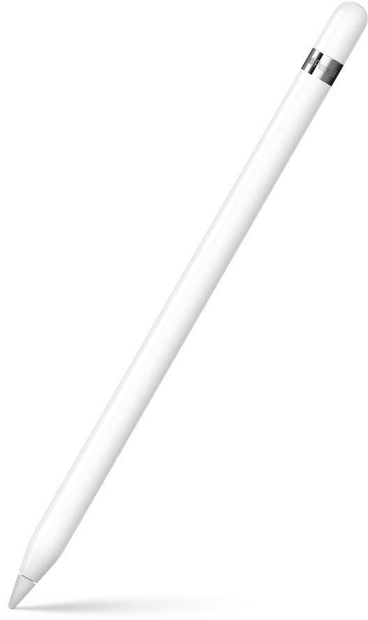 Apple Pencil（第1世代）が、先端を下に向けて斜めに立っている。上部には製品名が入ったシルバーのリングが見える。下には影のエフェクトが見える。