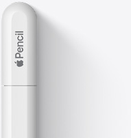 丸みのあるApple Pencil（USB-C）の上部。AppleのロゴとPencilという文字、そしてUSB-Cケーブルに接続できるようにスライドして開く部分を示す線が見える。