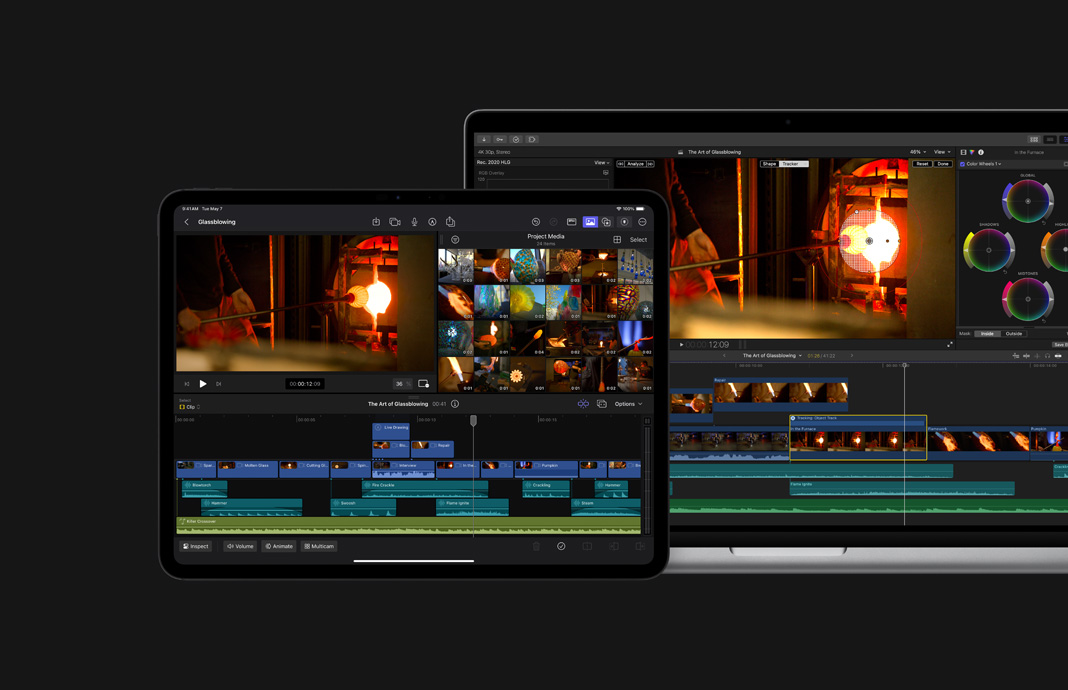 Footage of glass-blowing shown on side-by-side iPad Pro and Mac. Apple Pencil with the title screen for a film in Final Cut Pro for iPad next to MacBook Pro with the same film being edited in Final Cut Pro.