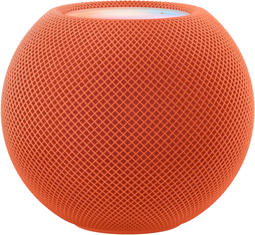 Turuncu renkte HomePod mini ve üstünde hareketli ve renkli piksellerden oluşan “mini” ifadesi.