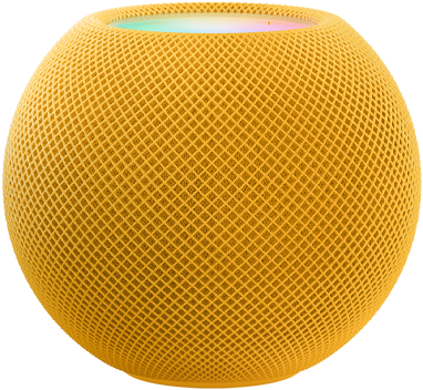 Sarı renkte HomePod mini ve üstünde hareket eden renkli piksellerden oluşan “mini” ifadesi.
