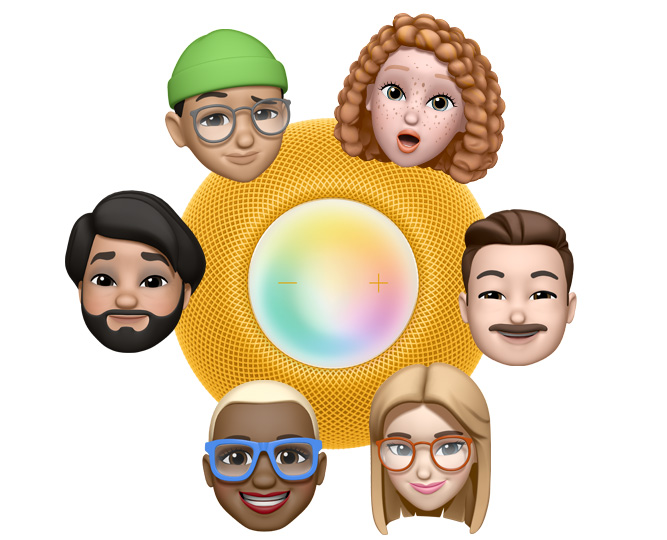 Sarı renkte bir HomePod mini’nin üstten görünümünü çevreleyen 6 farklı Memoji karakteri. Karakterlerden 3’ünün üstünde görülen mavi konuşma balonunun içinde “Hey, Siri” yazıyor.