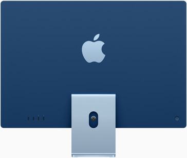 „iMac“ su „Apple“ logotipu, centruotu virš stovo, mėlyna nugarėle