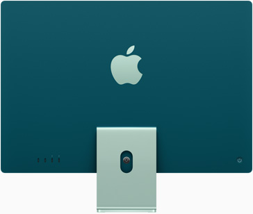 Zaļa iMac aizmugure ar Apple logotipu centrā virs statīva