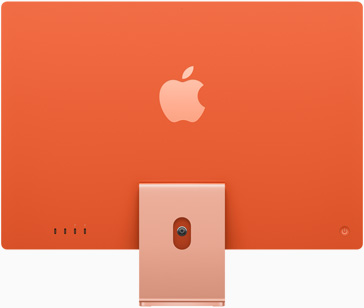 Zadná strana oranžového iMacu s logom Apple vycentrovaným nad stojanom