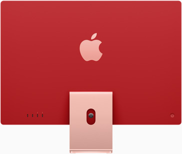 Гръб на iMac с логото на Apple в центъра над стойката, в розово