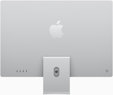Zadná strana strieborného iMacu s logom Apple vycentrovaným nad stojanom