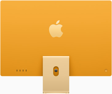 Dzeltena iMac aizmugure ar Apple logotipu centrā virs statīva