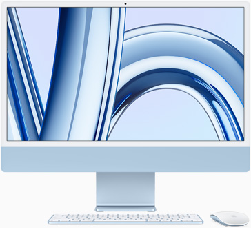 iMac, cu ecranul îndreptat în față, pe Albastru