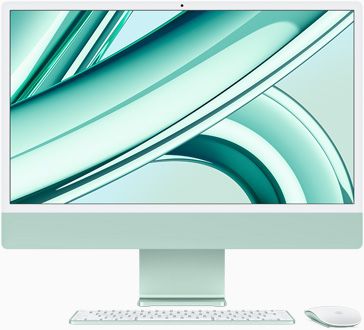 Skats no priekšpuses uz zaļa iMac ekrānu