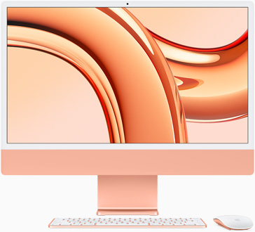 Ο iMac, με την οθόνη στραμμένη προς τα εμπρός, σε πορτοκαλί χρώμα