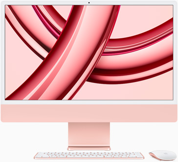 Skats no priekšpuses uz rozā iMac ekrānu