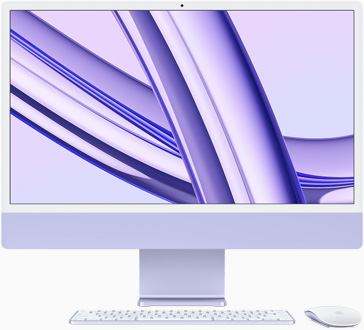 Ο iMac, με την οθόνη στραμμένη προς τα εμπρός, σε μωβ χρώμα
