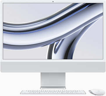 Sidabrinės spalvos „iMac“, ekranas priekyje