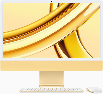 Geltonos spalvos „iMac“, ekranas dešinėje