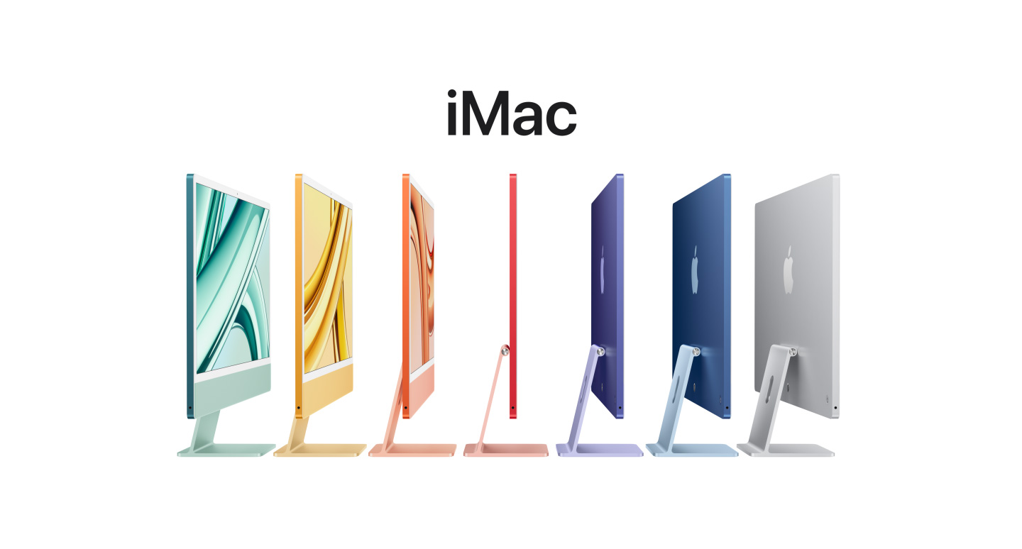 iMac 24 дюйми зеленого, жовтого, помаранчевого, рожевого, фіолетового, синього й сріблястого кольору стоять у рядок, на задніх панелях дисплеїв видно логотип Apple