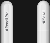 丸みを帯びたペン尻にApple Pencil Proと刻印されているApple Pencil Proと、ペン尻のキャップにApple Pencilと刻印されているApple Pencil（USB-C）。