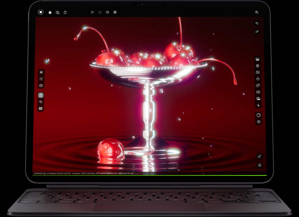 Magic Keyboardに横向きに取りつけられたブラックのiPad Pro、画面にカラフルな画像が表示されている
