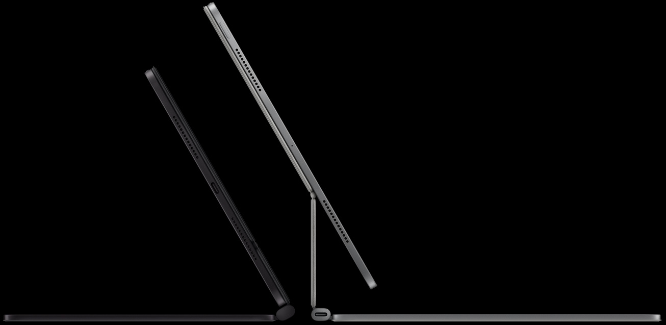 Dos modelos. Vista lateral del iPad Pro acoplado a un Magic Keyboard en posición horizontal que muestra el diseño con apoyo flotante.