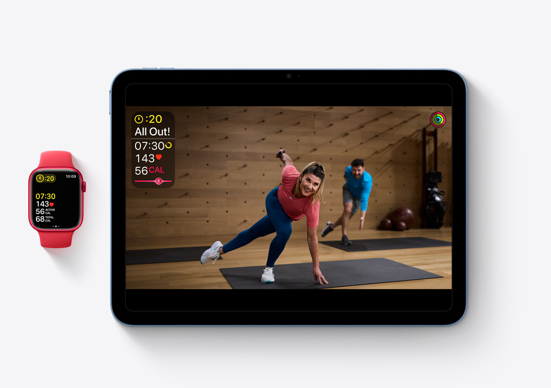 An Apple Watch Series 9 and iPad side-by-side highlighting how an Apple Fitness+ workout on iPad is tracked on Apple Watch.