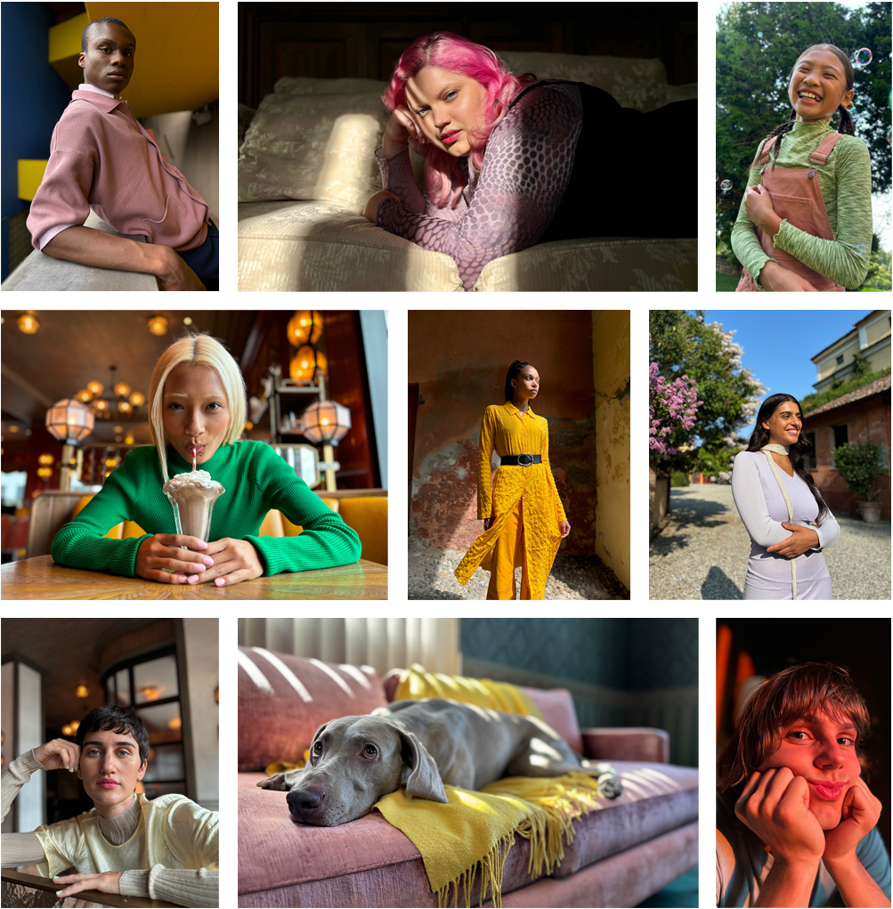 Portrétní fotografie různých lidí pořízené iPhonem 15