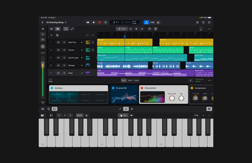 iPad Pro上のLogic Proに、Ableton Linkに対応する様々なソフトウェア音源が表示されている。
