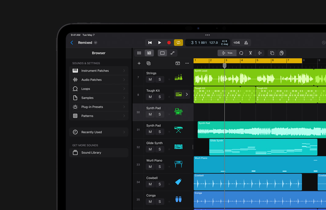 Vista rápida a la biblioteca de sonidos de Logic Pro en un iPad Pro.