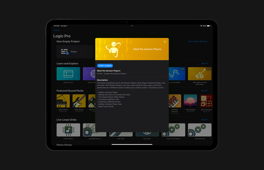 iPad Pro上のLogic Proに表示されたアプリ内のレッスンのコレクション。