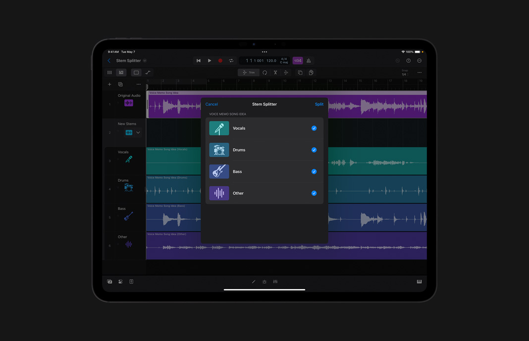 Imagen que muestra cómo se fragmenta audio con Divisor de Stems en un iPad Pro con Logic Pro para el iPad.