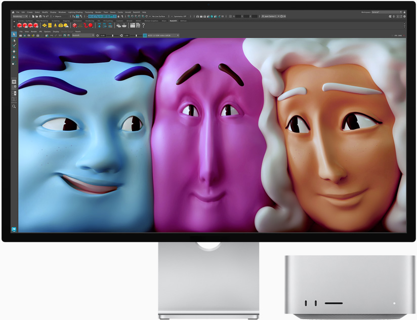 Imagem da parte da frente do Studio Display e do Mac Studio.