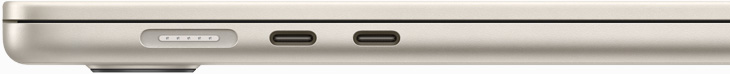 Imagem lateral do MacBook Air com MagSafe e duas portas Thunderbolt.