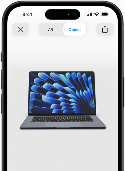 Prévia do MacBook Air na cor meia-noite em realidade aumentada no iPhone.