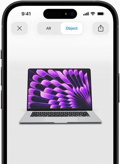 Prévia do MacBook Air na cor cinza-espacial em realidade aumentada no iPhone.