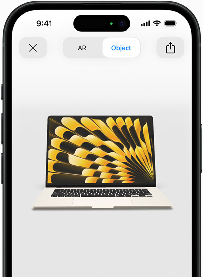 Prévia do MacBook Air na cor estelar em realidade aumentada no iPhone.