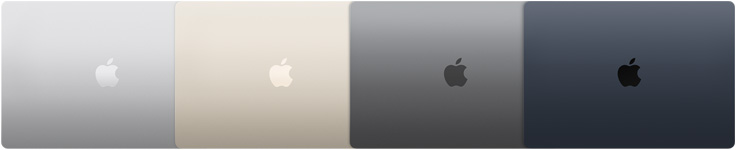 Parte externa de quatro modelos de MacBook Air, mostrando quatro cores diferentes
