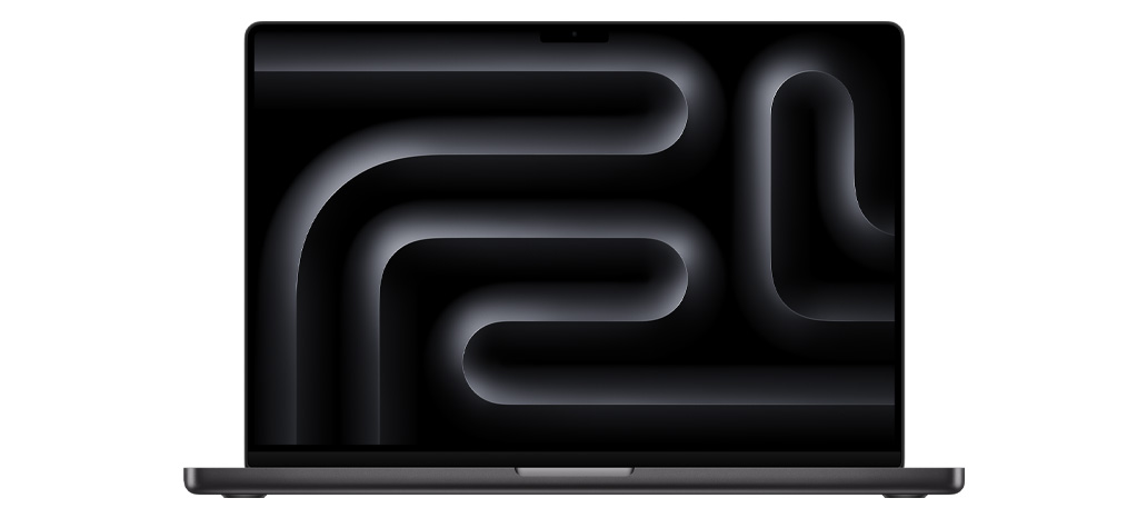 Vedere frontală a unui MacBook Pro deschis, pe noua culoare Negru cosmic