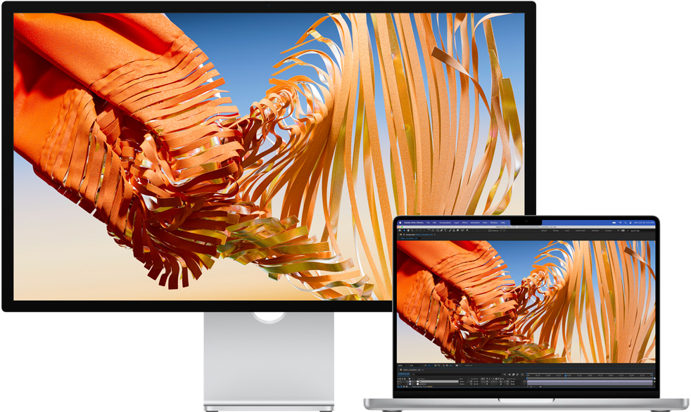 „MacBook Pro“ šalia „Studio Display“